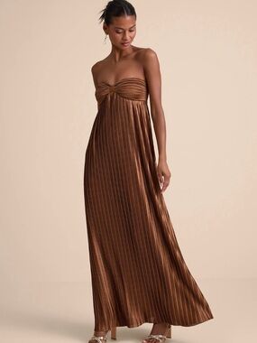 Strapless Pleated Maxi Dress in Bronze Brown